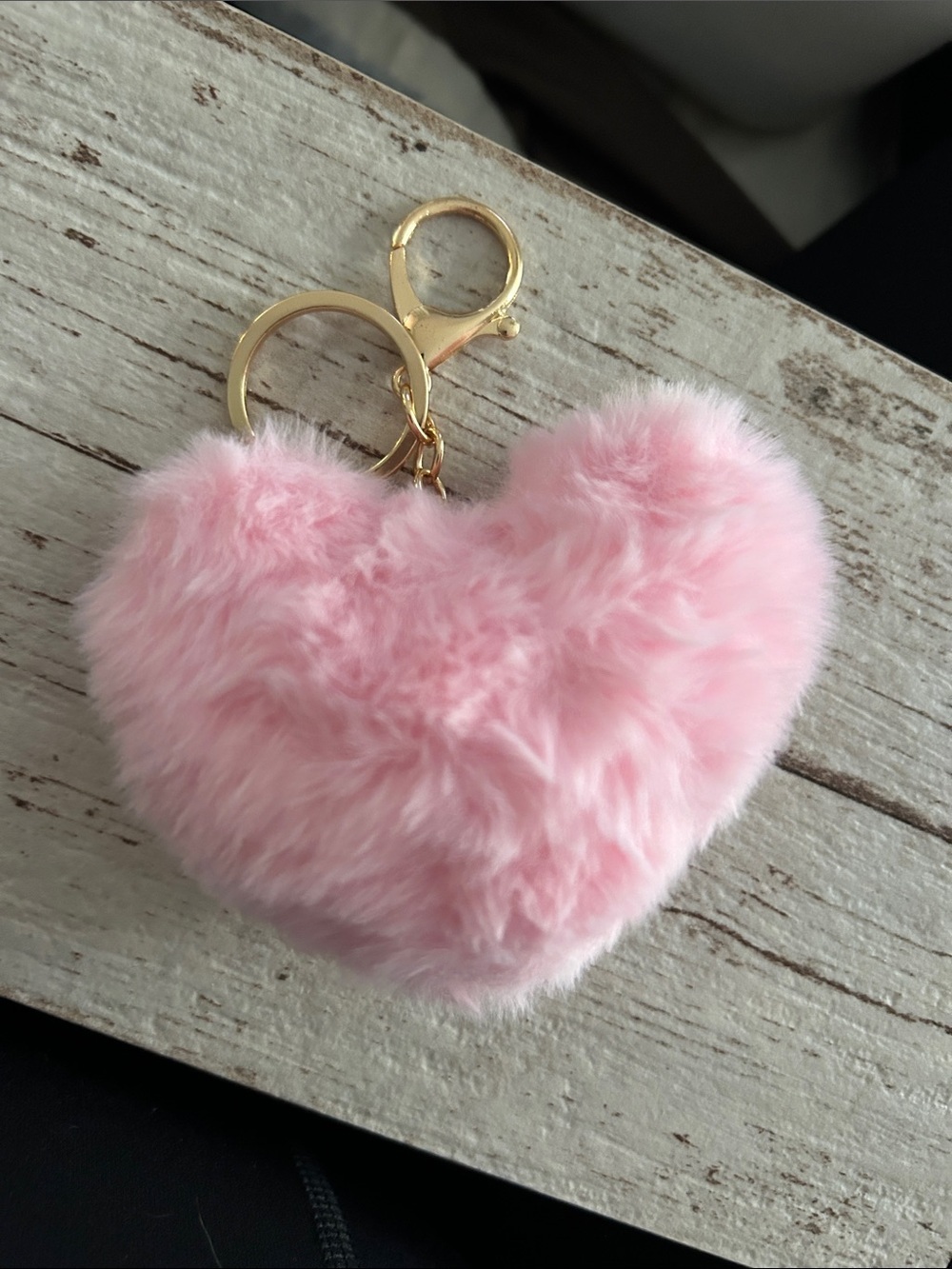 5/$25 Pink Heart Faux Fur Keychain with Gold Hardware